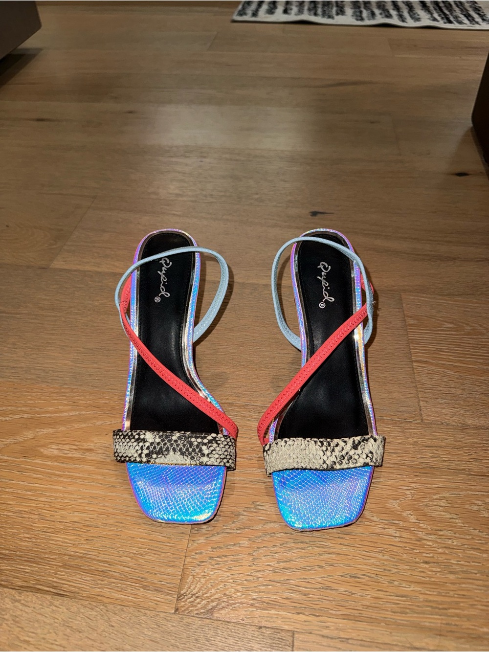 Qupid Pink & Blue Holographic Snake-Accent Strappy Sandals